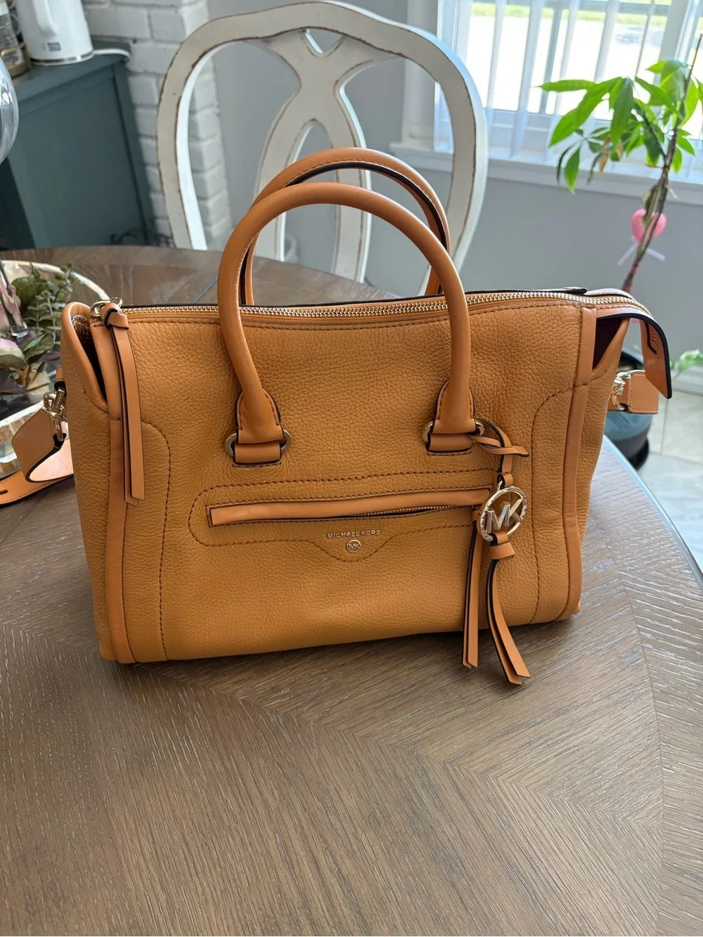 Michael Kors Carine Pebbled Leather Satchel in Tan Brown